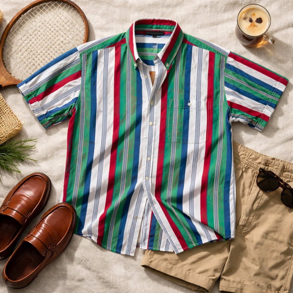 Vintage 90s Men’s Striped Button Down Shirt Colorblock Preppy Dadcore M